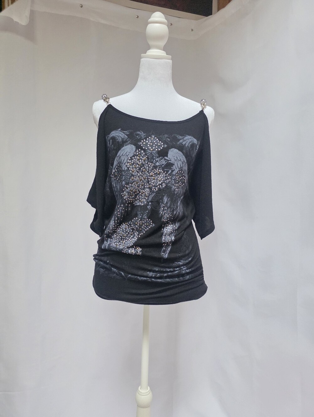 Umgee Black Embellished Wing Cross Tunic Top Large Boho Rhinestone Studded - Picture 1 of 8
